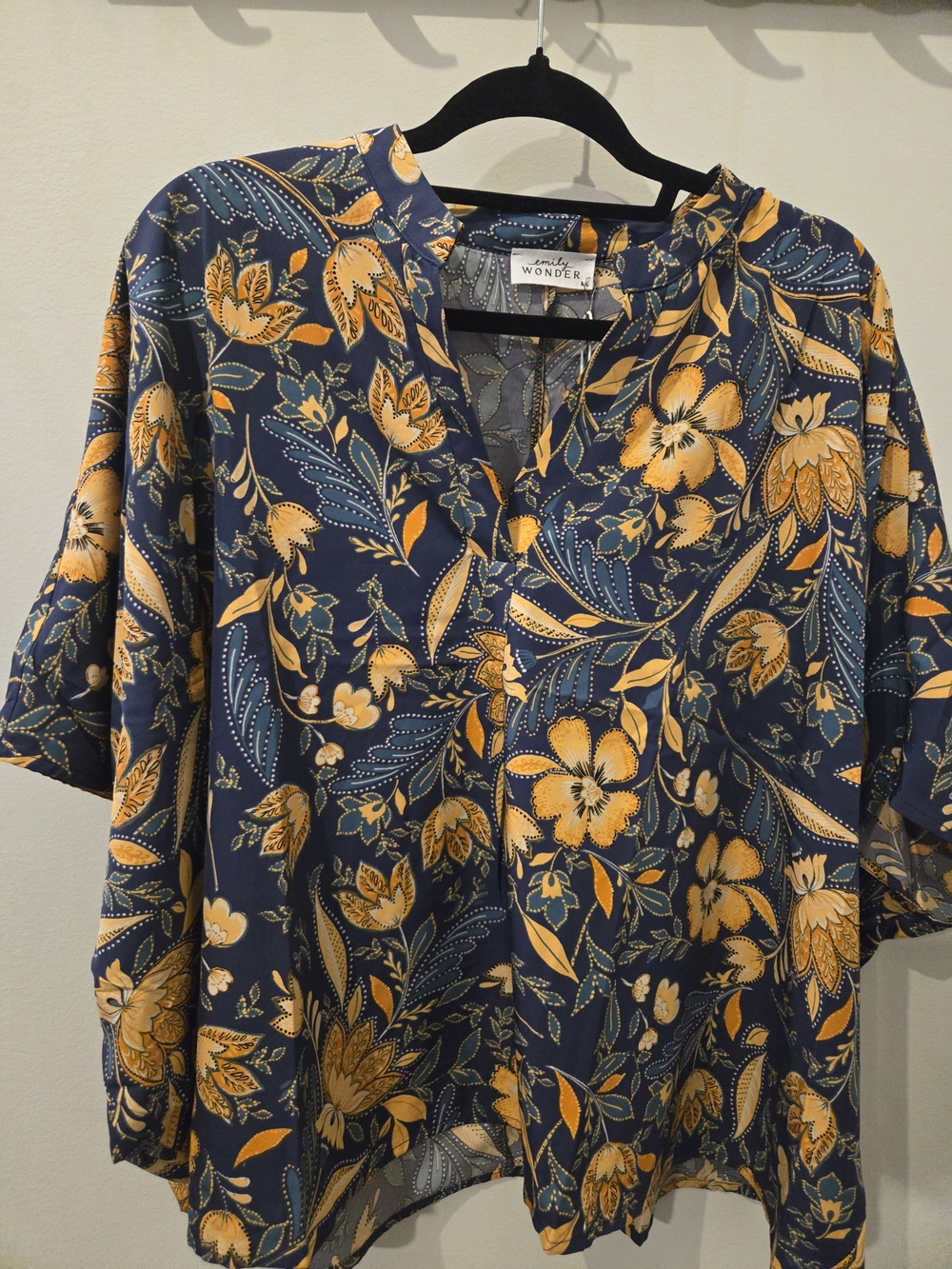 Wonder Navy Floral V-Neck Tunic with Yellow Accent